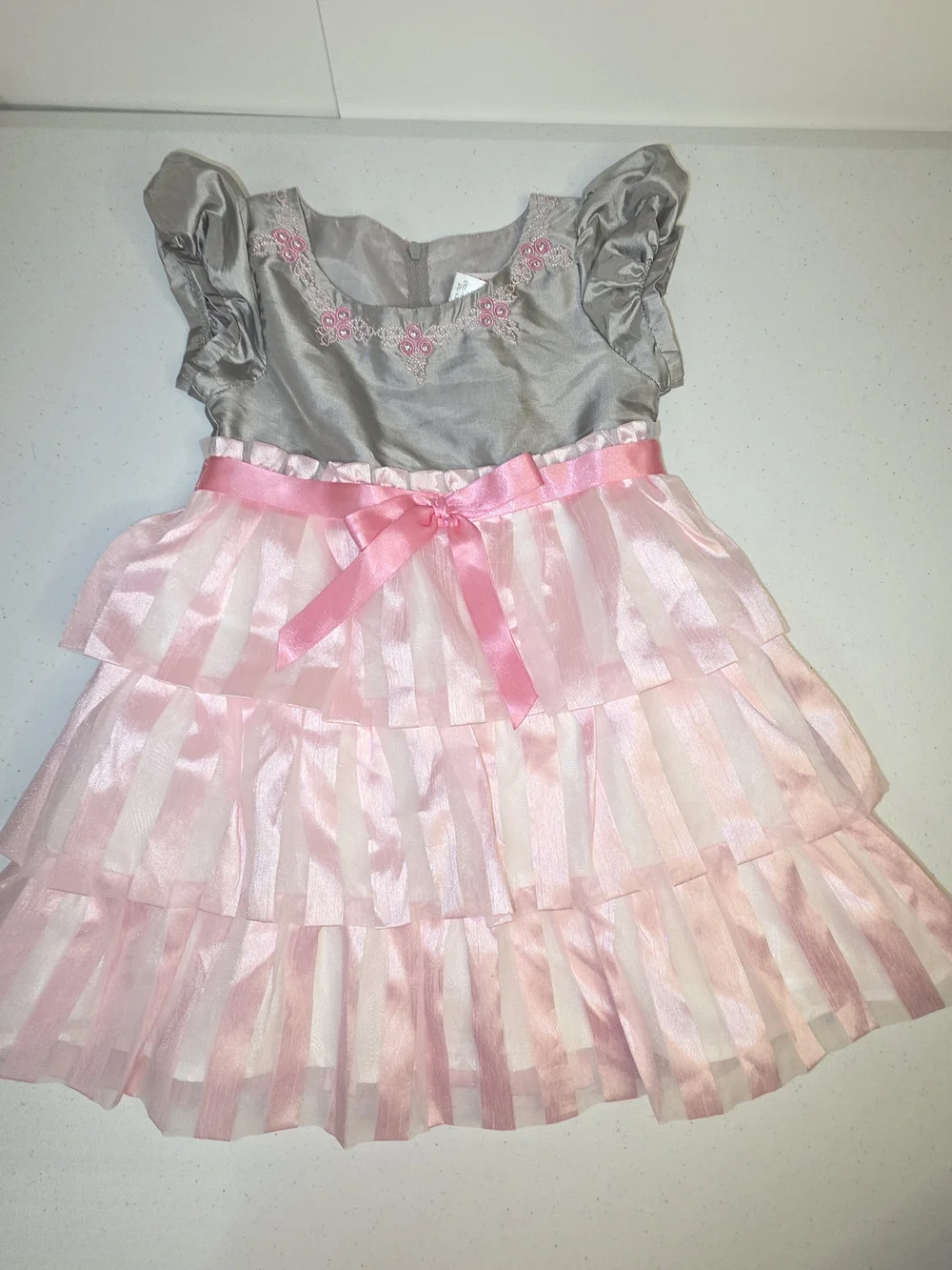 American Girl Bitty Baby Girl Twirly Tiered Dress Gray Pink Size 3 Toddler